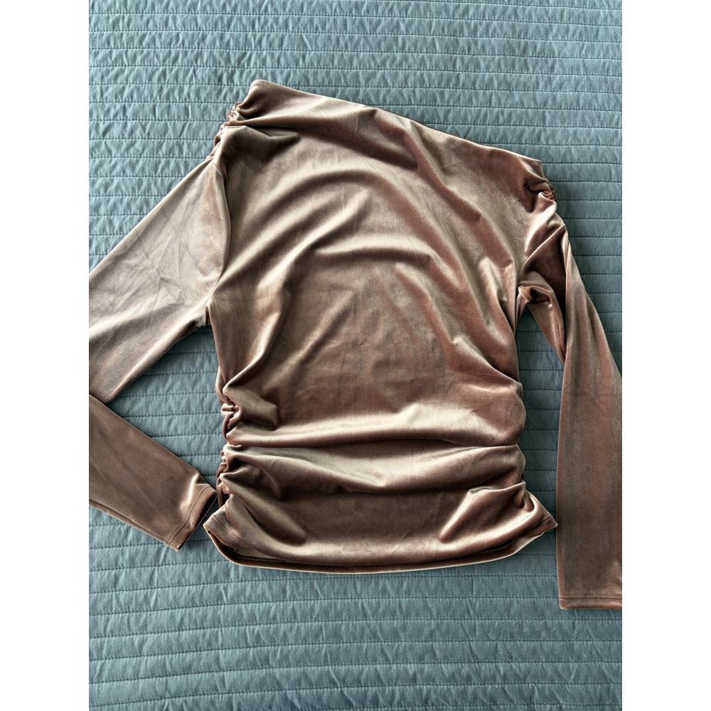 Abercrombie & Fitch Velvet One Shoulder Ruched Long Sleeve Top Brown Medium